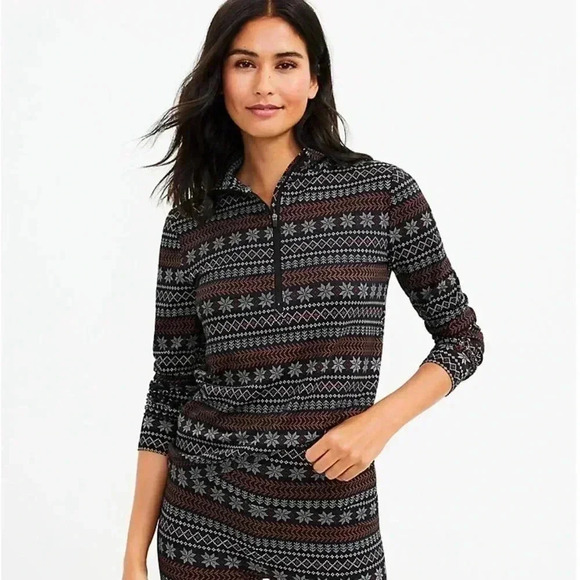 Loft Lou & Grey Fair Isle Feel Good Zip Top Blk/Gray/Red SZ M - Picture 1 of 9